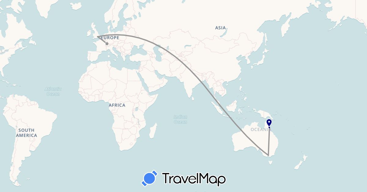 TravelMap itinerary: driving, plane in Australia, France, United Kingdom, Singapore (Asia, Europe, Oceania)
